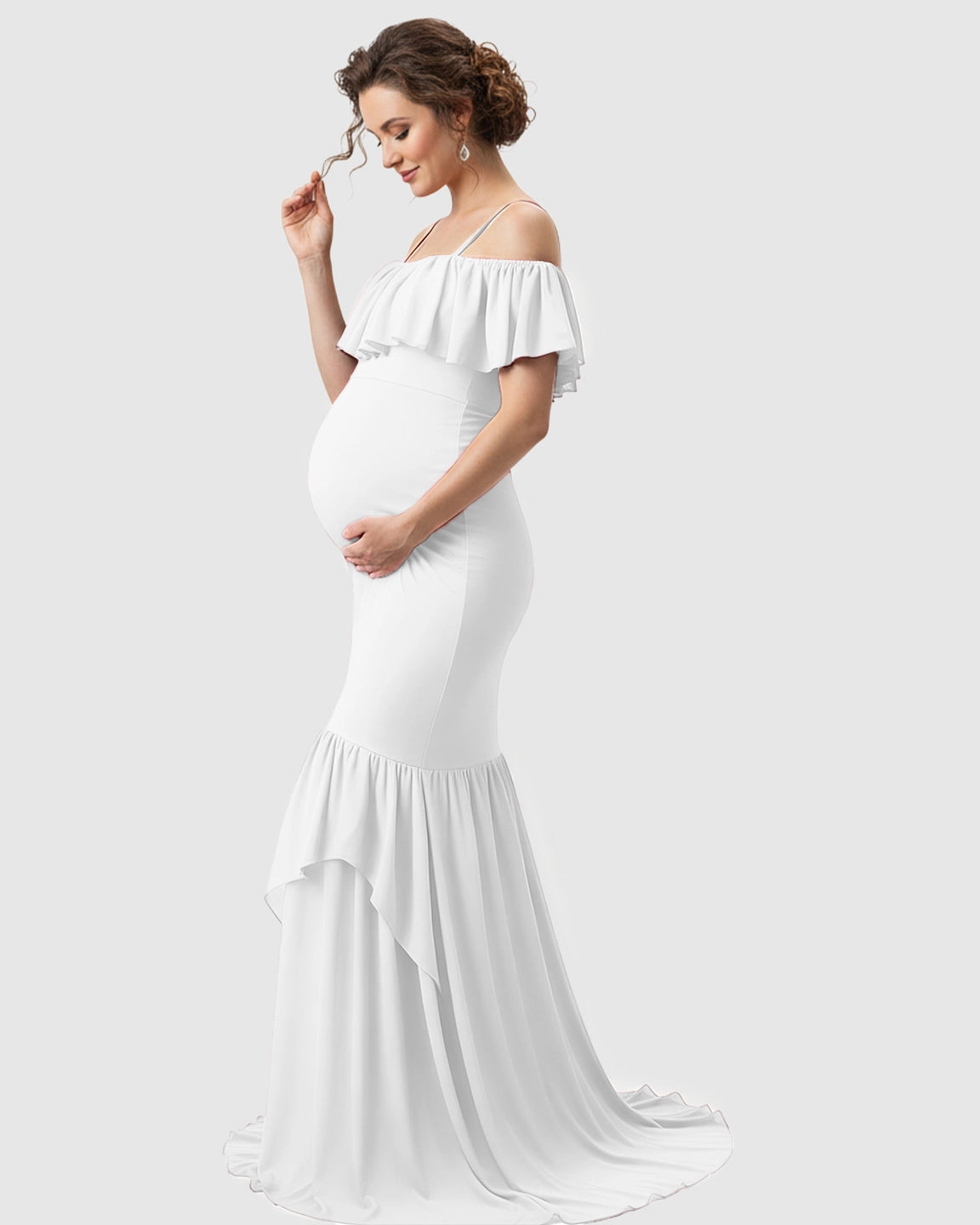 Ruffled Off-Shoulder Mermaid Train Maternity Photoshoot Dress