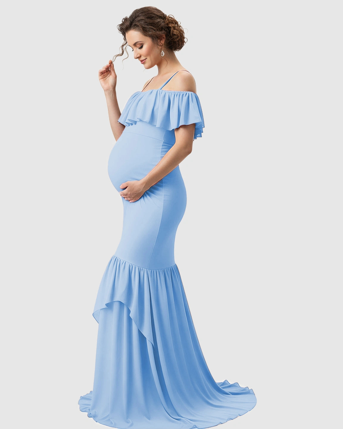 Ruffled Off-Shoulder Mermaid Train Maternity Photoshoot Dress