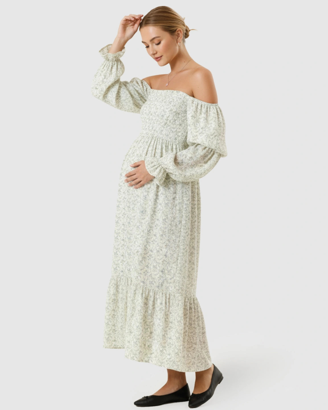 Floral Off-Shoulder Smocked Bodice Maternity Maxi Dress