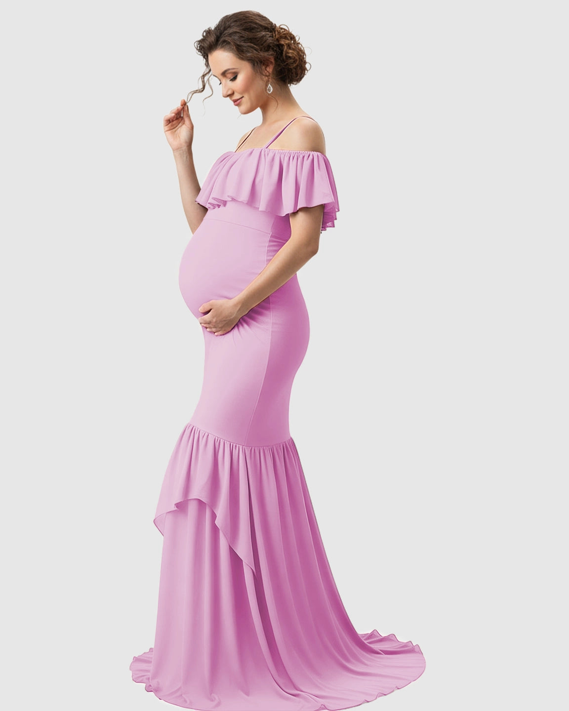 Ruffled Off-Shoulder Mermaid Train Maternity Photoshoot Dress