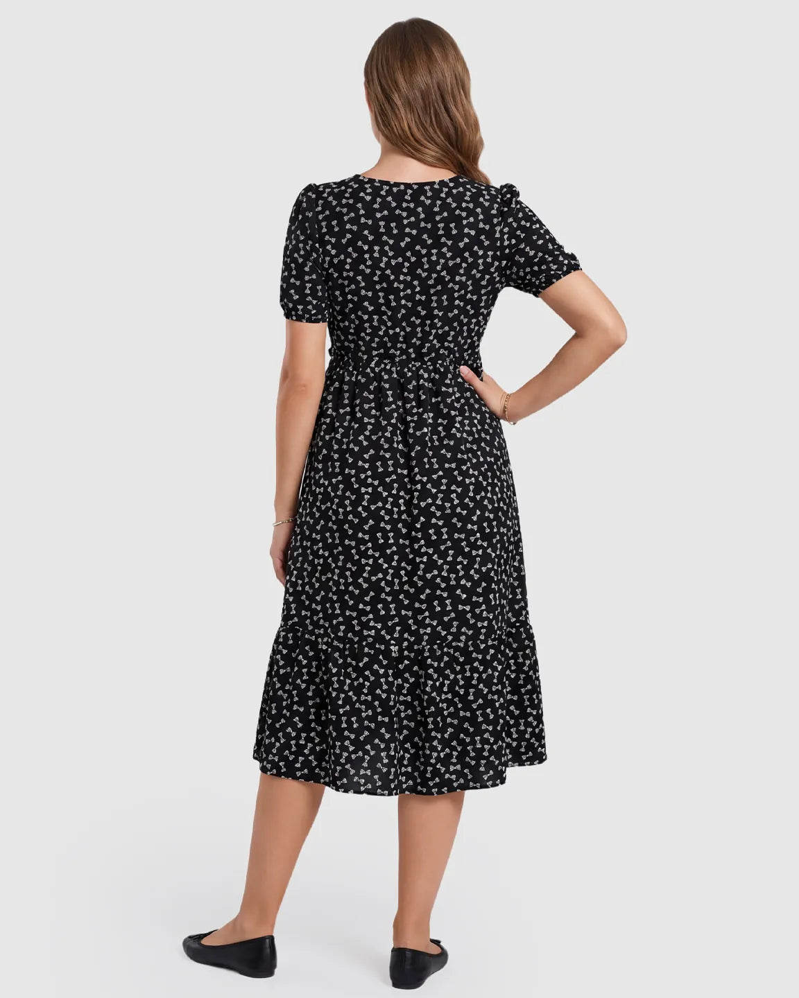 Bow Tie Print Cinched A-Line Maternity Dress