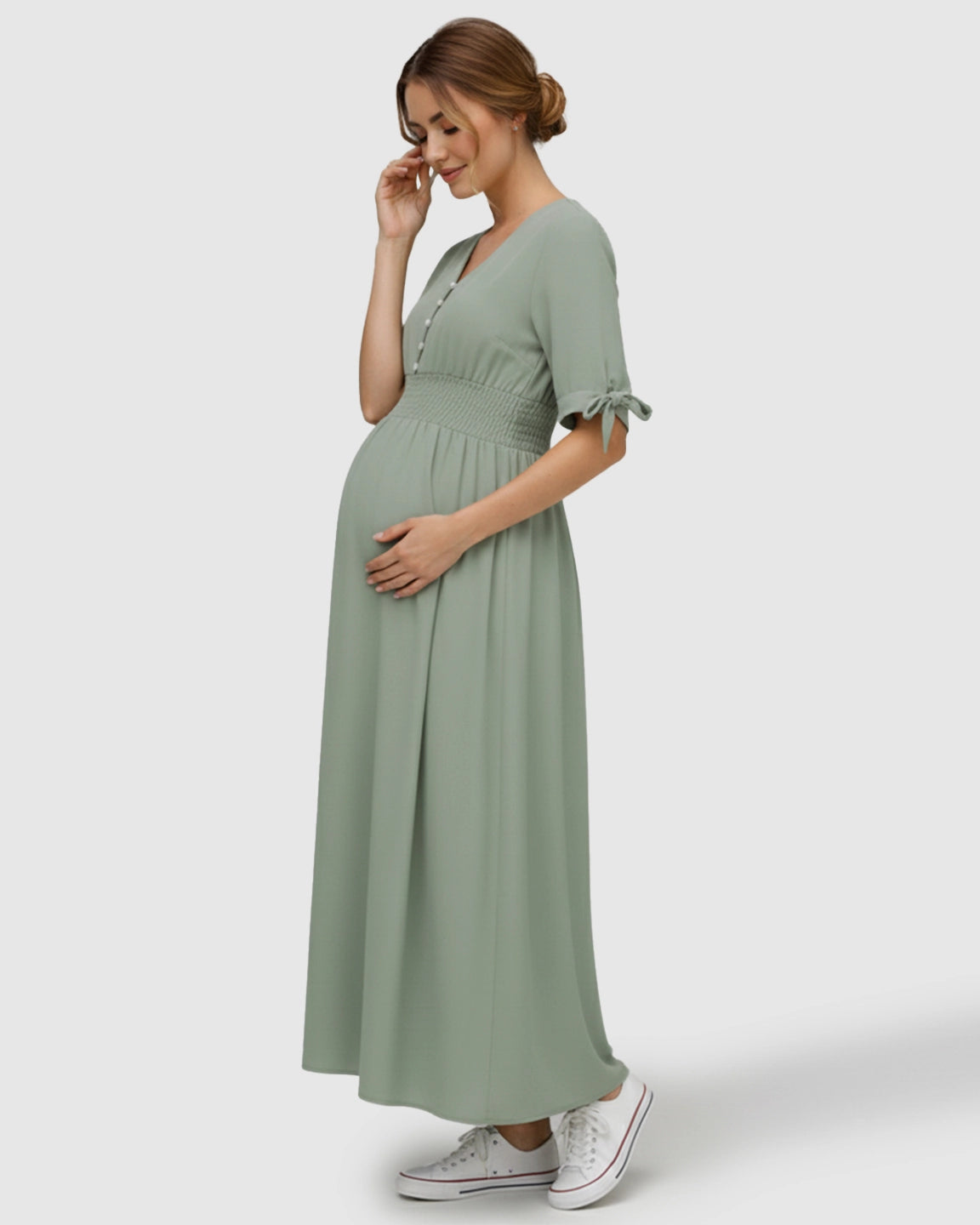 Button V-neck Empire Waist Maternity Maxi Dress
