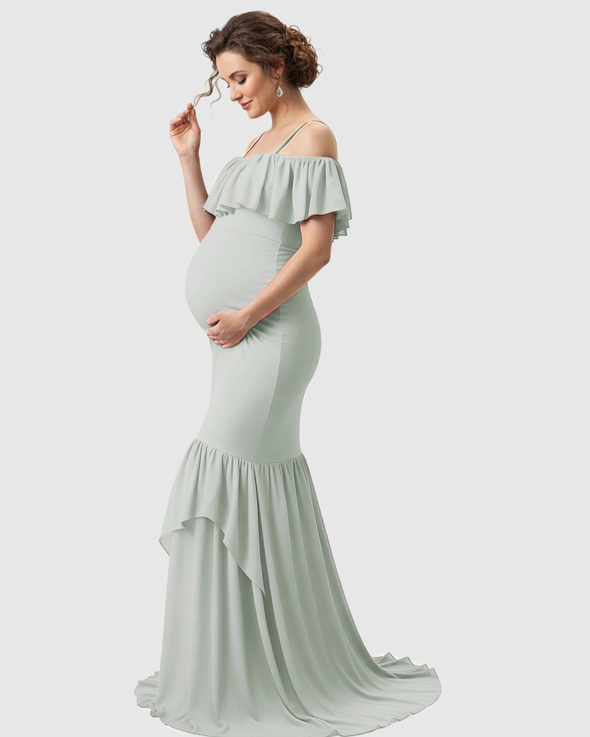 Ruffled Off-Shoulder Mermaid Train Maternity Photoshoot Dress