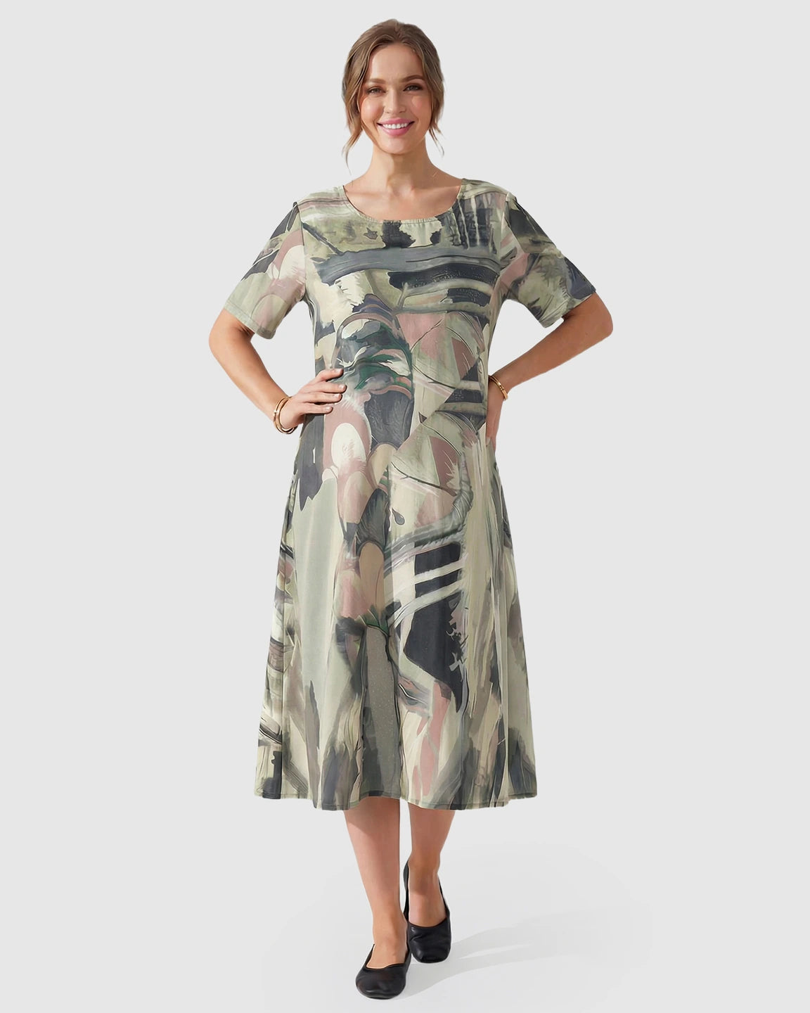 Gray Abstract Retro Style Maternity Midi Dress
