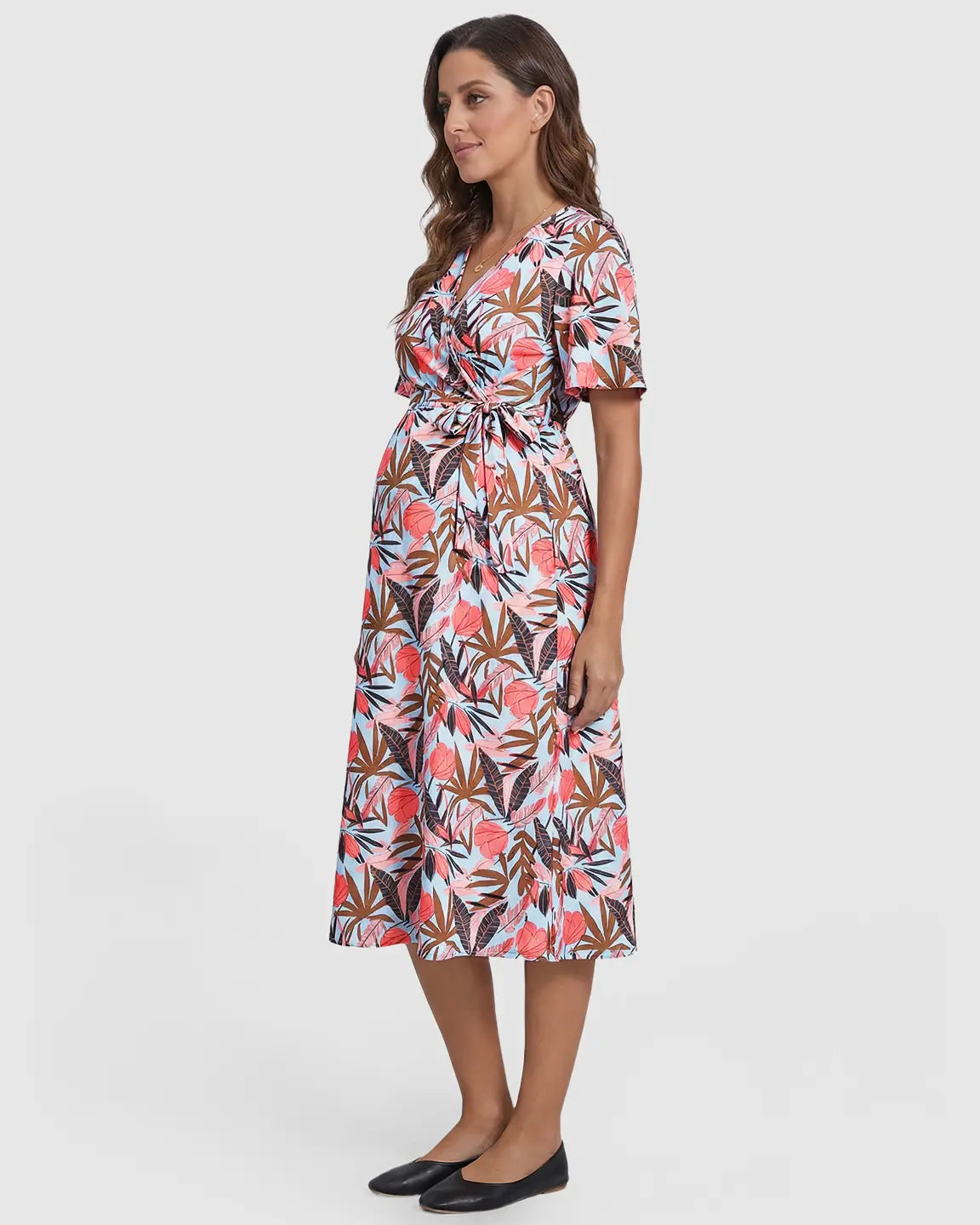 Side Tie Wrap Tropical Pattern Maternity Midi Dress