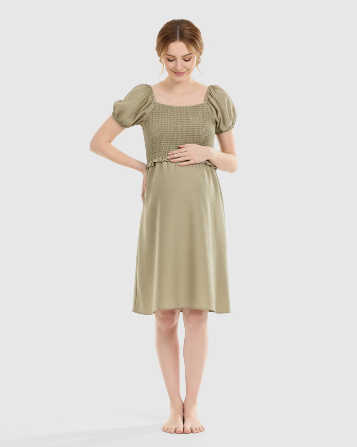 Retro Puff-Sleeve Flowy Maternity & Nursing Midi Dress
