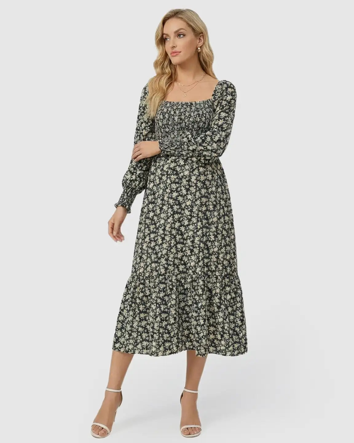 Smocked Long-Sleeve Maternity Midi Dress