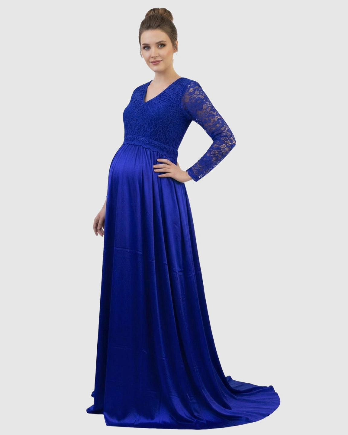 Lace Spliced Bodice Trailing Skirt Maternity Photoshoot Maxi Dress