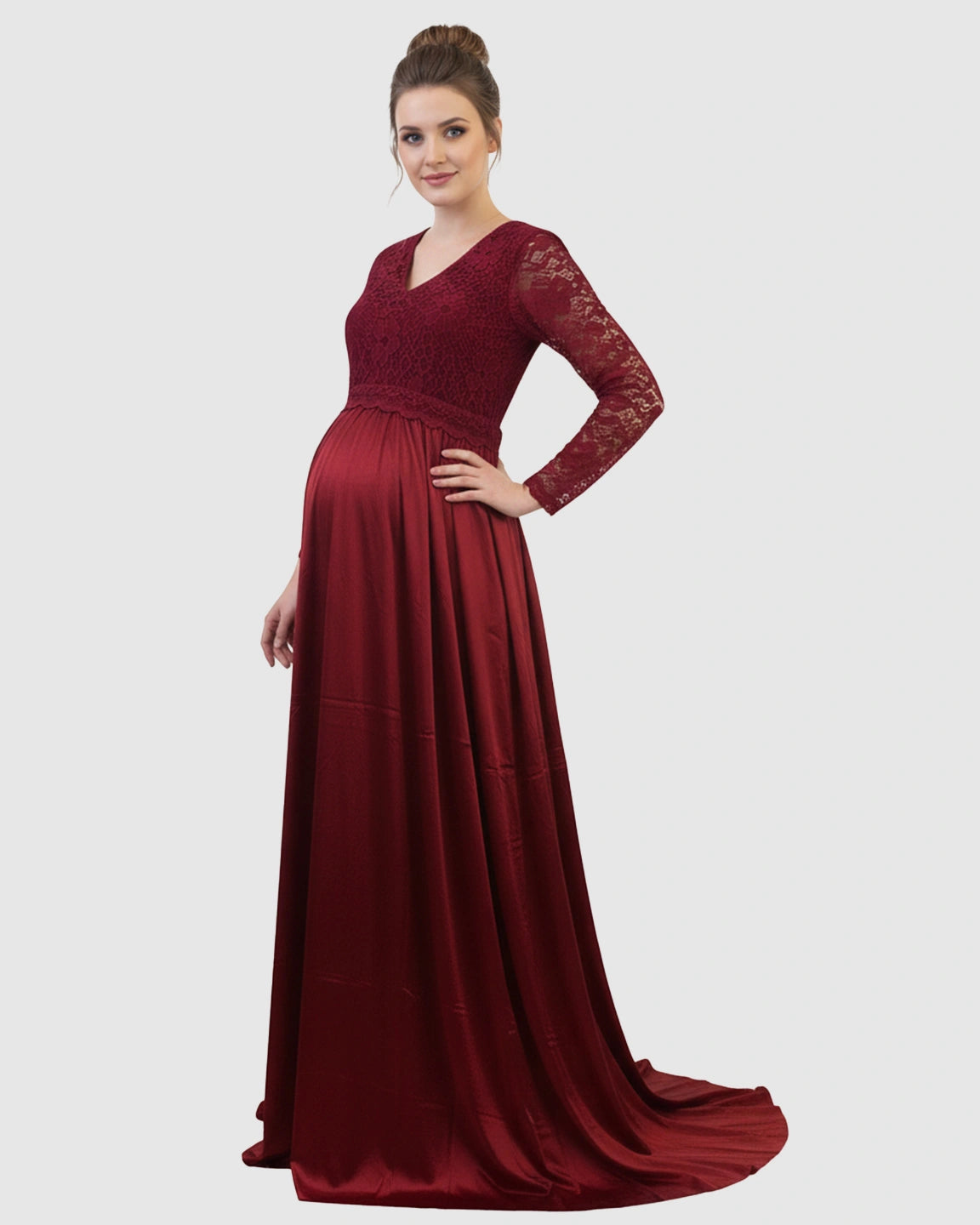 Lace Spliced Bodice Trailing Skirt Maternity Photoshoot Maxi Dress