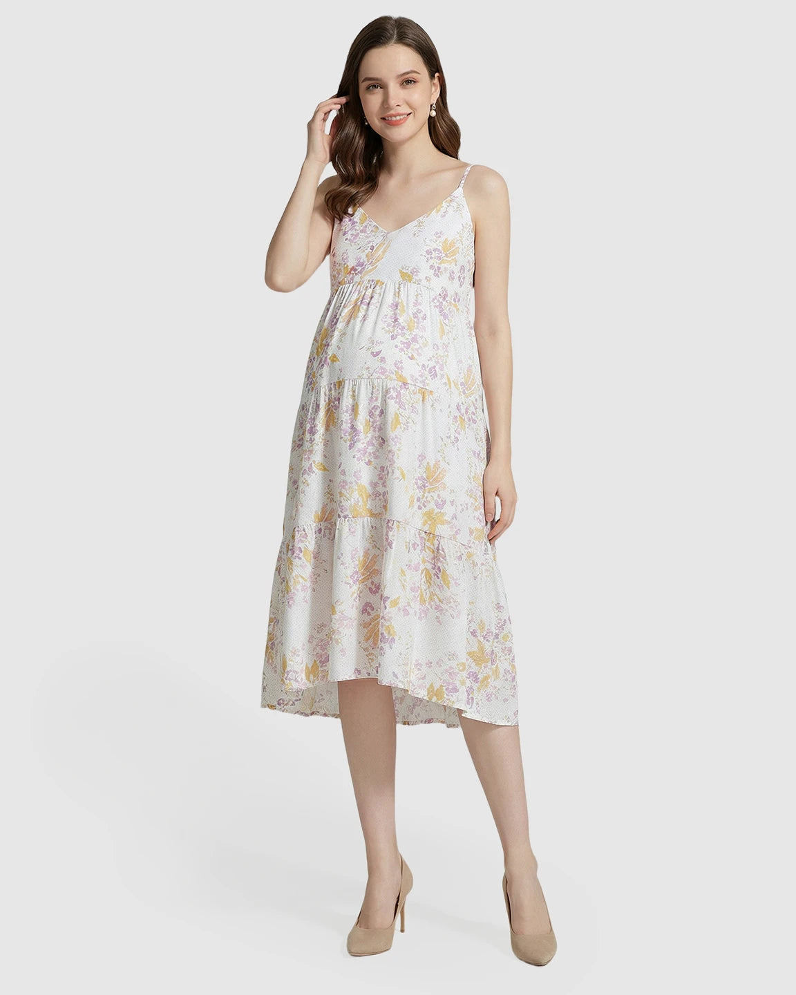 Floral V-Neck Tiered Skirt Maternity Nightgown