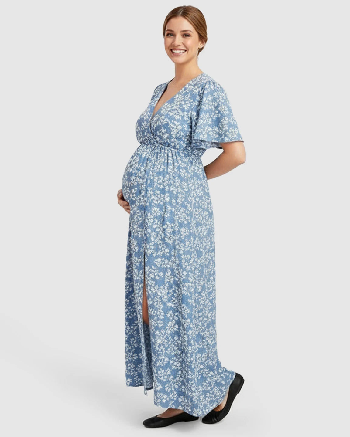 Cinched Waist Bohemian Maternity Maxi Dress