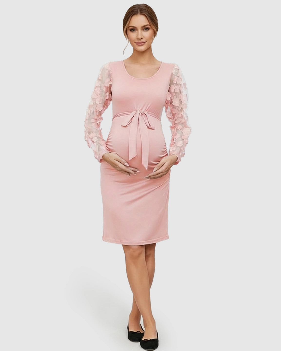 Floral Sleeves Tie Waist Maternity Dress