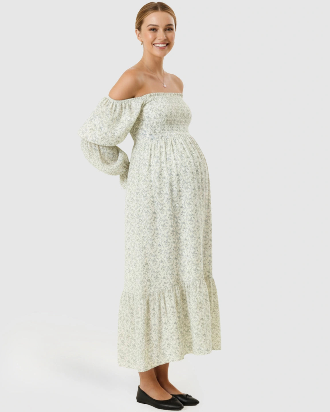 Floral Off-Shoulder Smocked Bodice Maternity Maxi Dress