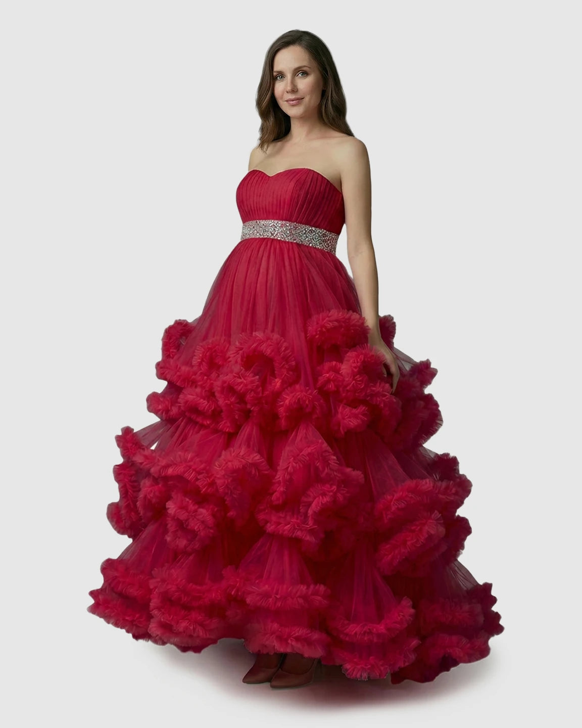 Strapless Bodice Multi-Layered Ruffled Skirt Maternity Photoshoot Dress