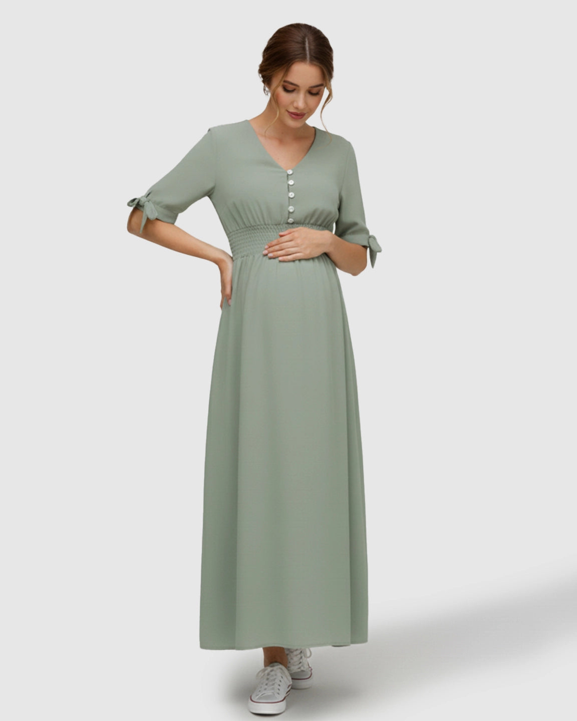 Button V-neck Empire Waist Maternity Maxi Dress