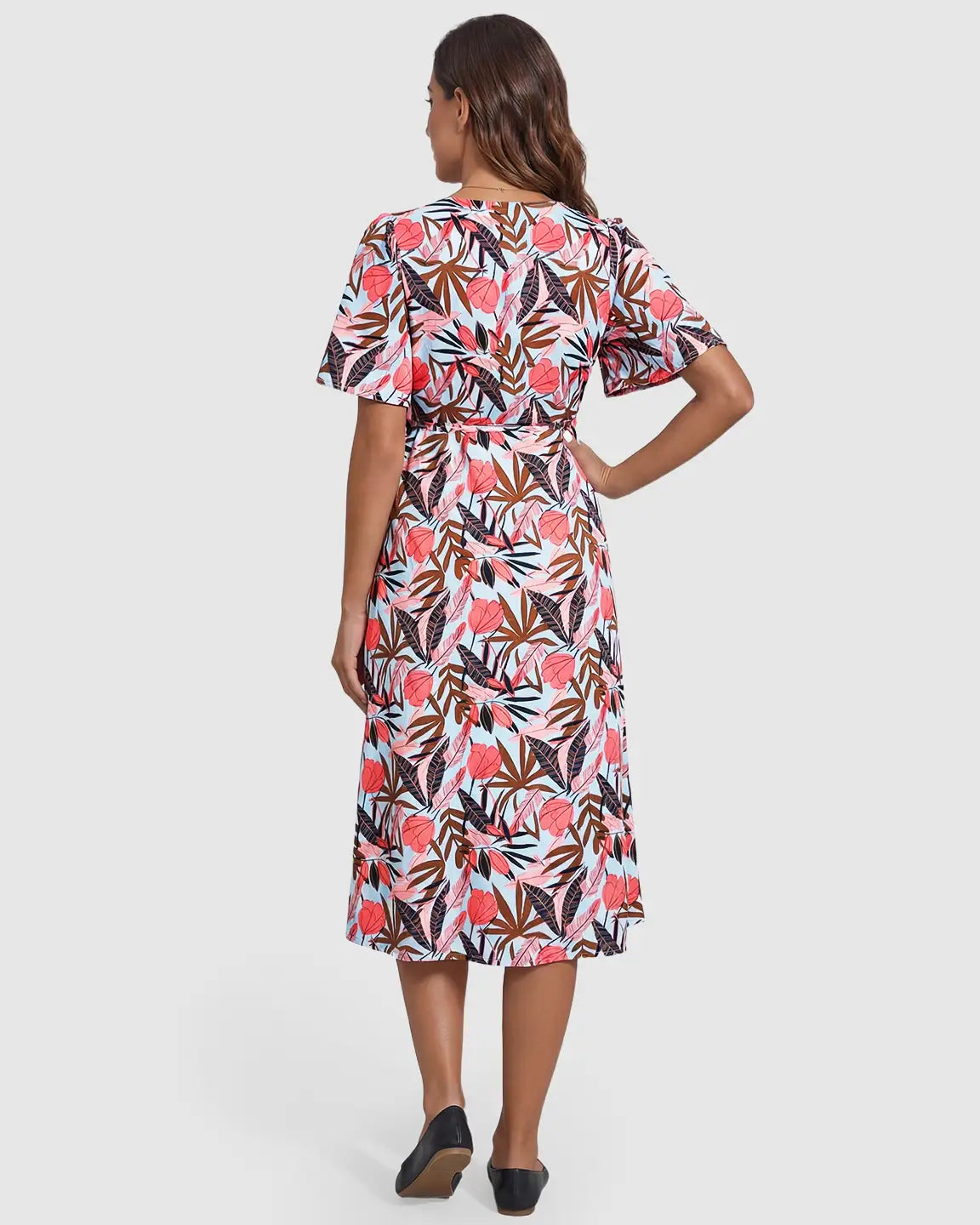 Side Tie Wrap Tropical Pattern Maternity Midi Dress
