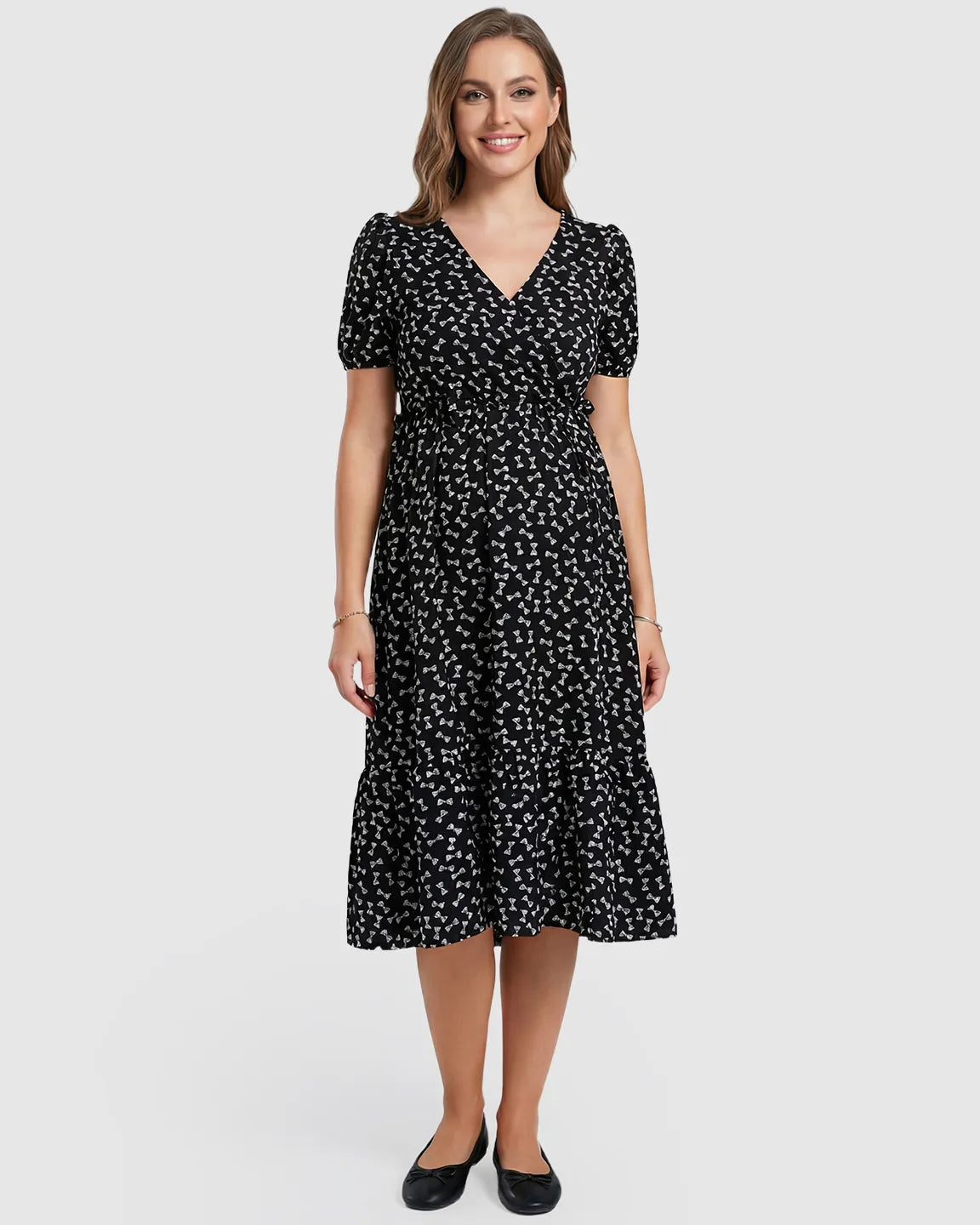 Bow Tie Print Cinched A-Line Maternity Dress