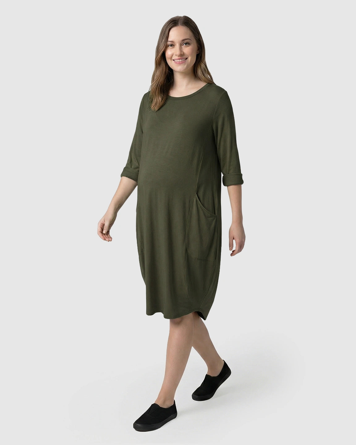 Pocketed Lantern Skirt Maternity Midi Dress