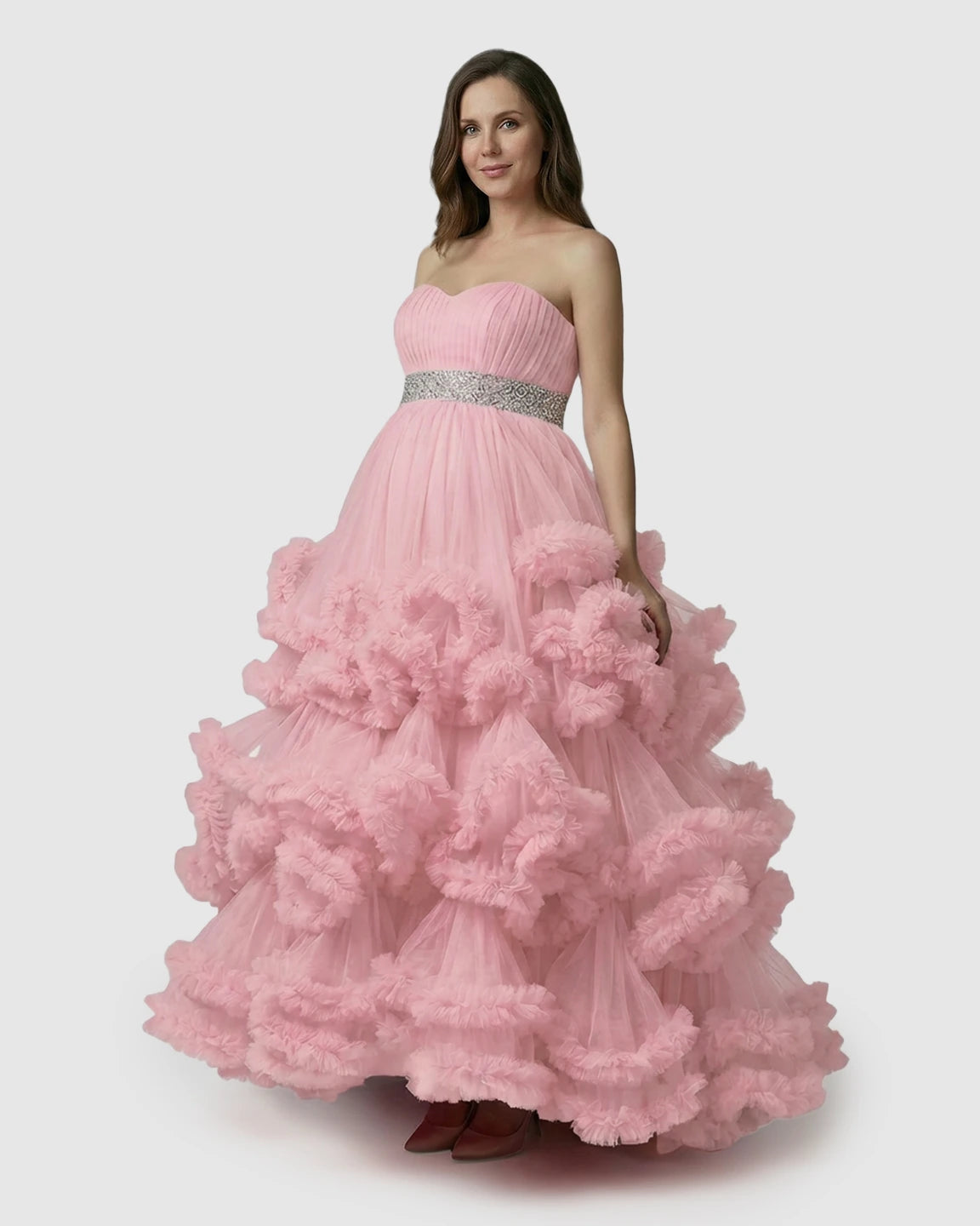 Strapless Bodice Multi-Layered Ruffled Skirt Maternity Photoshoot Dress