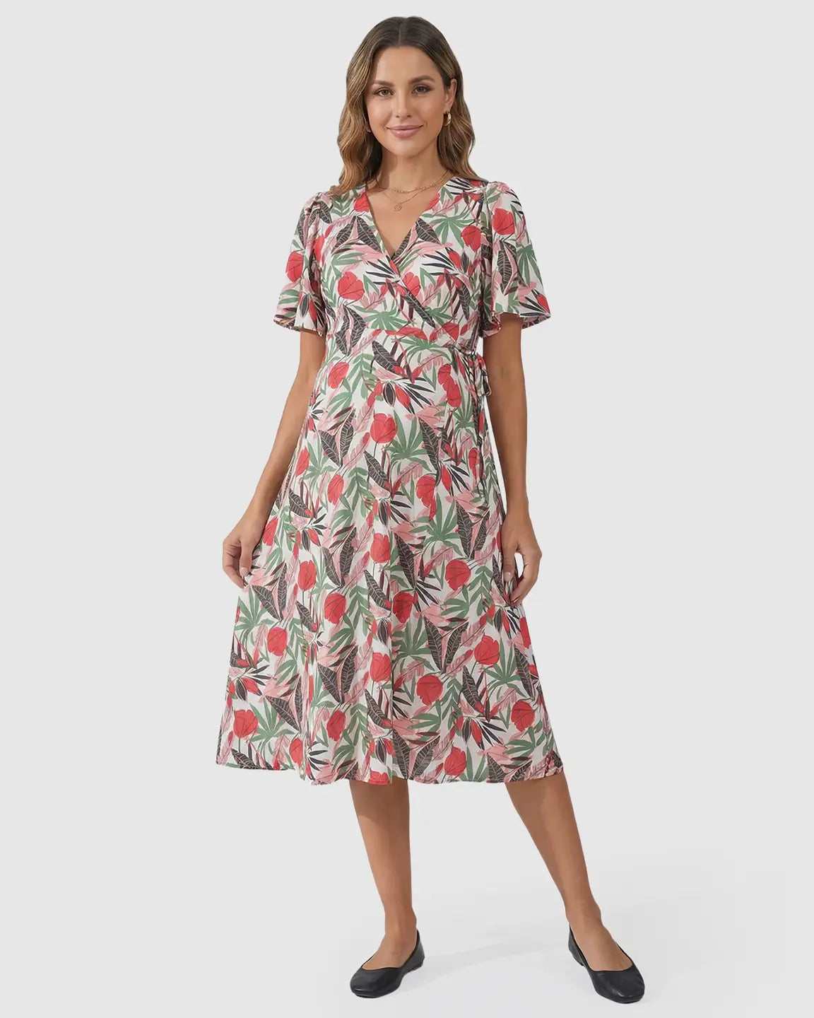 Side Tie Wrap Tropical Floral Maternity Midi Dress