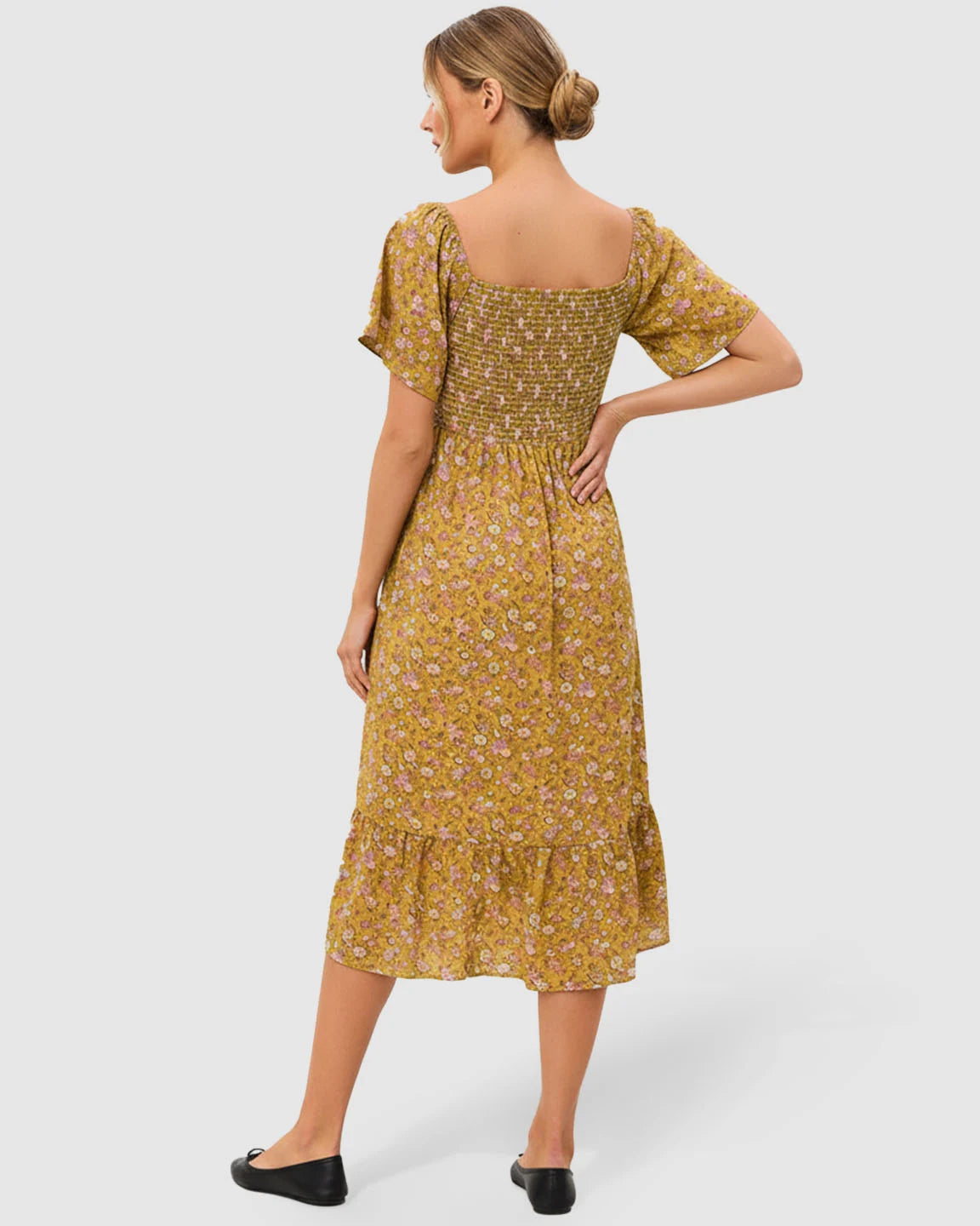 Smocked Bodice Floral Maternity Midi Dress