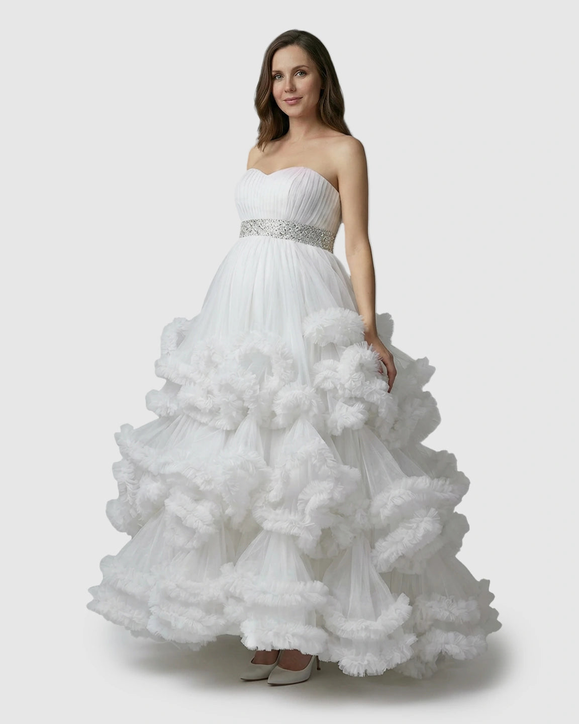 Strapless Bodice Multi-Layered Ruffled Skirt Maternity Photoshoot Dress