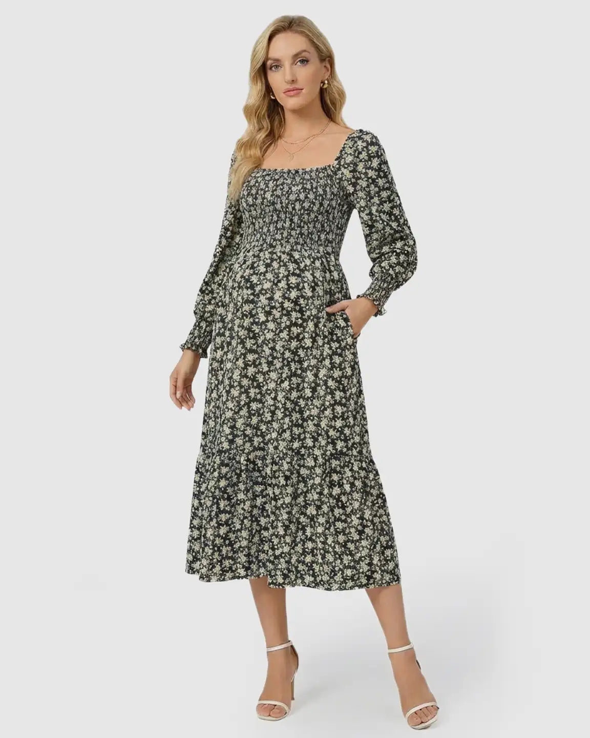 Smocked Long-Sleeve Maternity Midi Dress