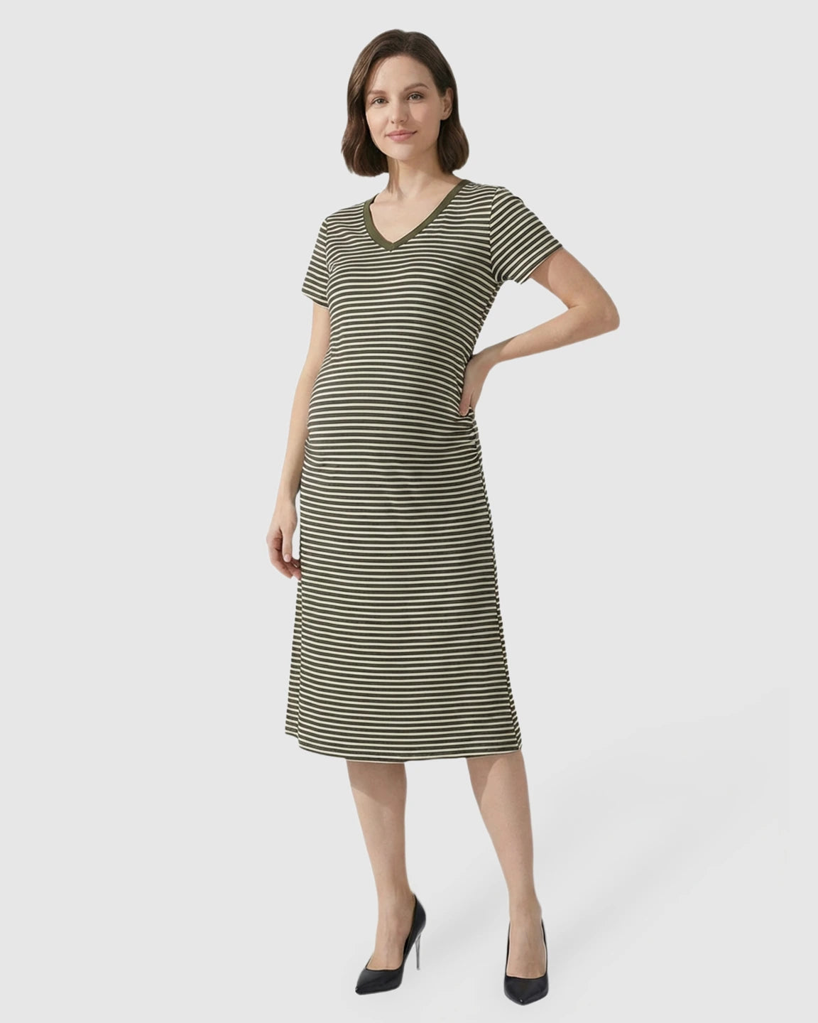 Striped V-Neck Straight Fit Maternity & Nursing Dress