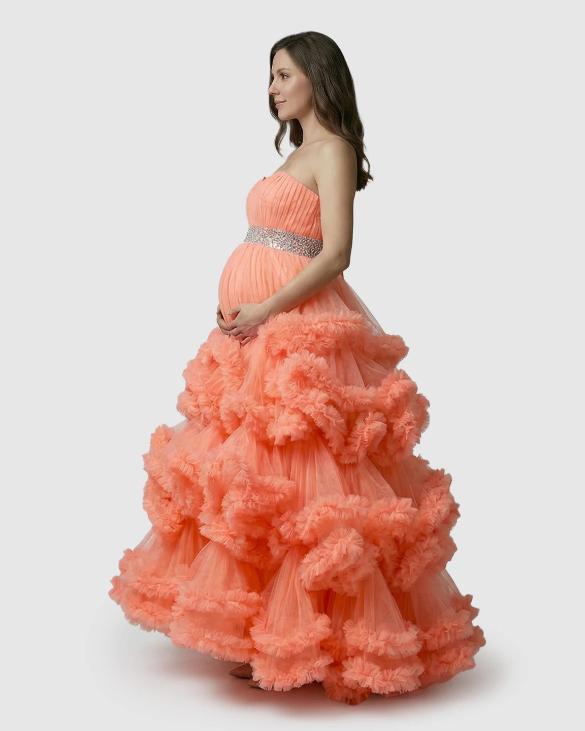Strapless Bodice Multi-Layered Ruffled Skirt Maternity Photoshoot Dress