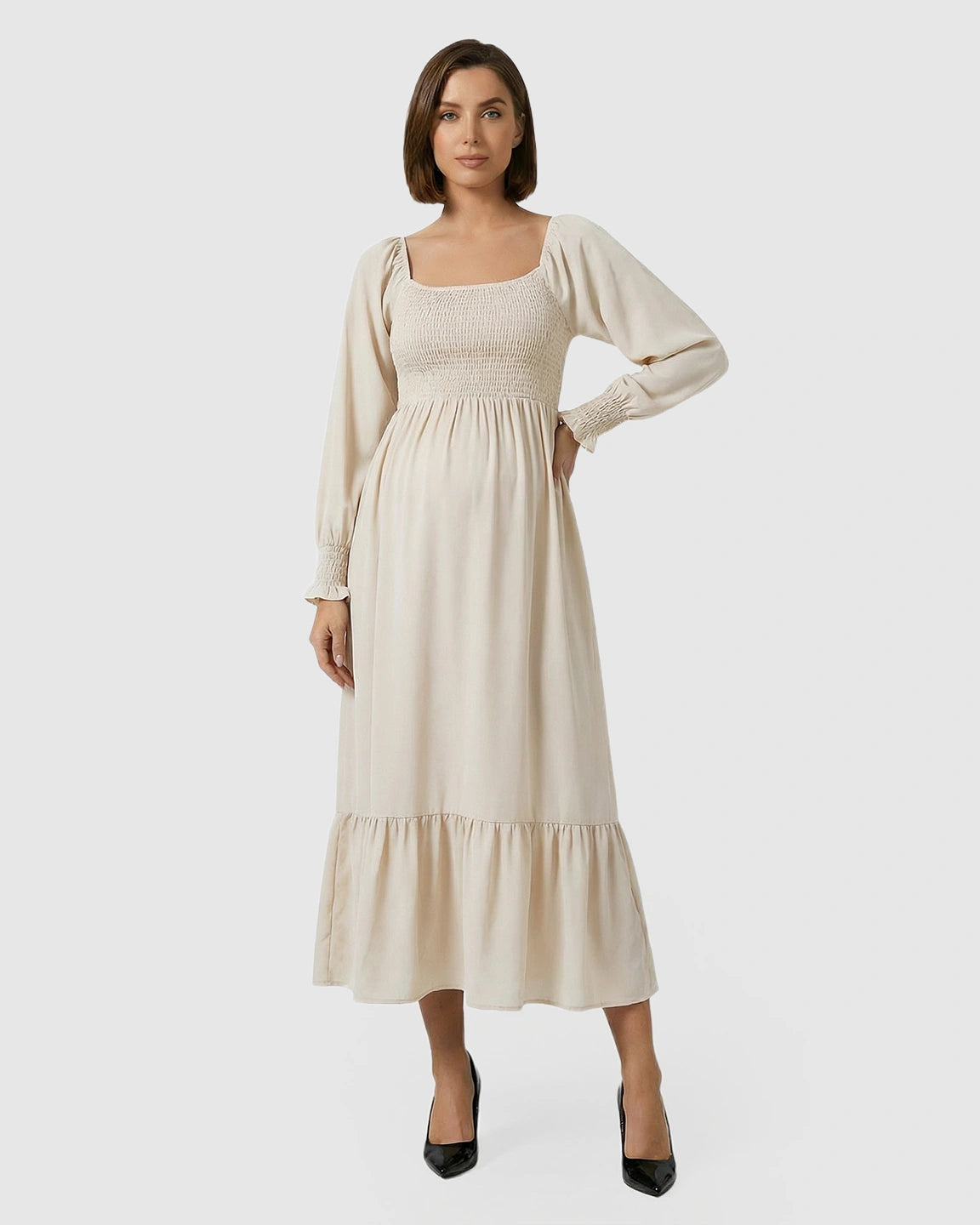 Smocked Square Neck Ruffled Hem Maternity Maxi Dress