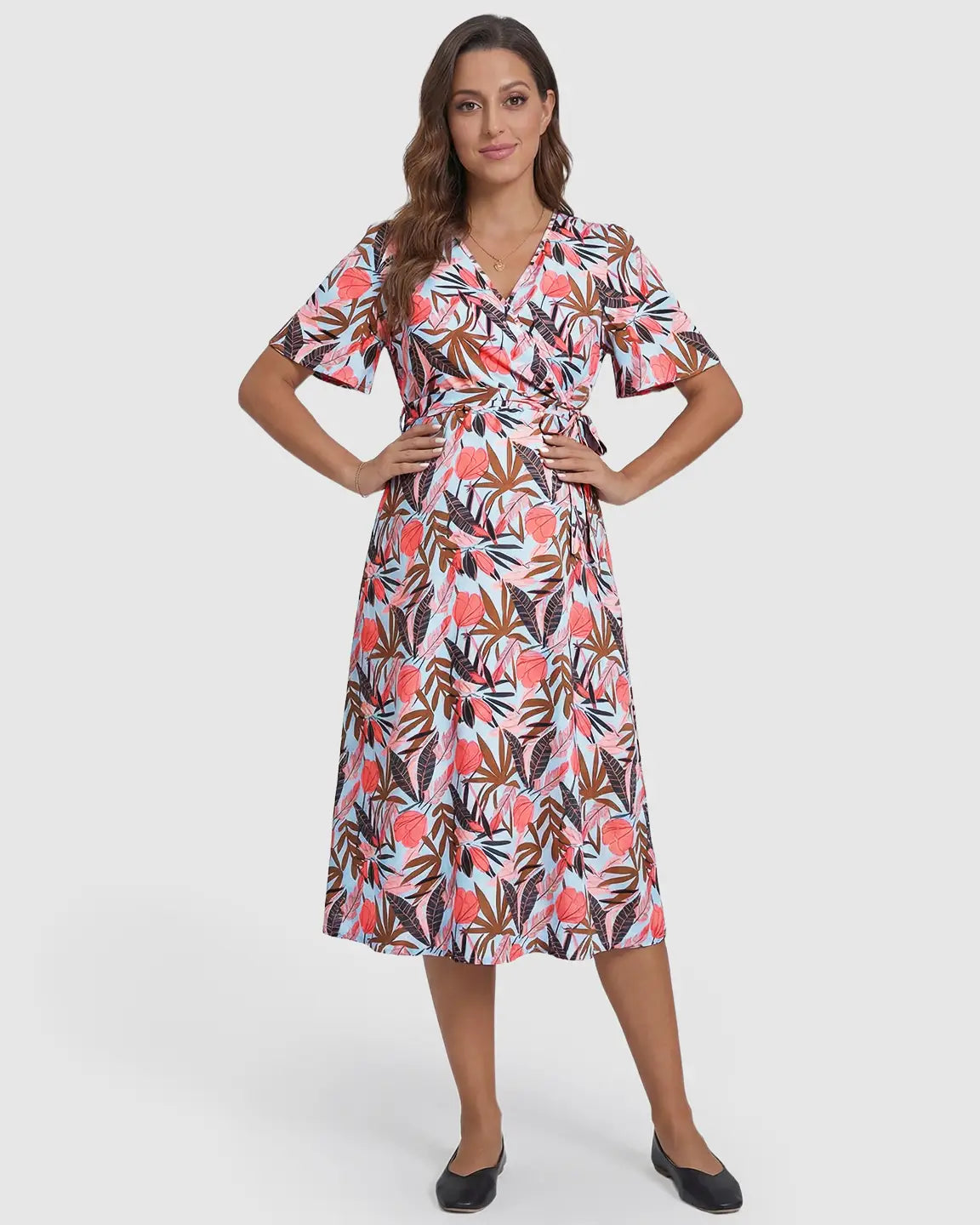 Side Tie Wrap Tropical Pattern Maternity Midi Dress