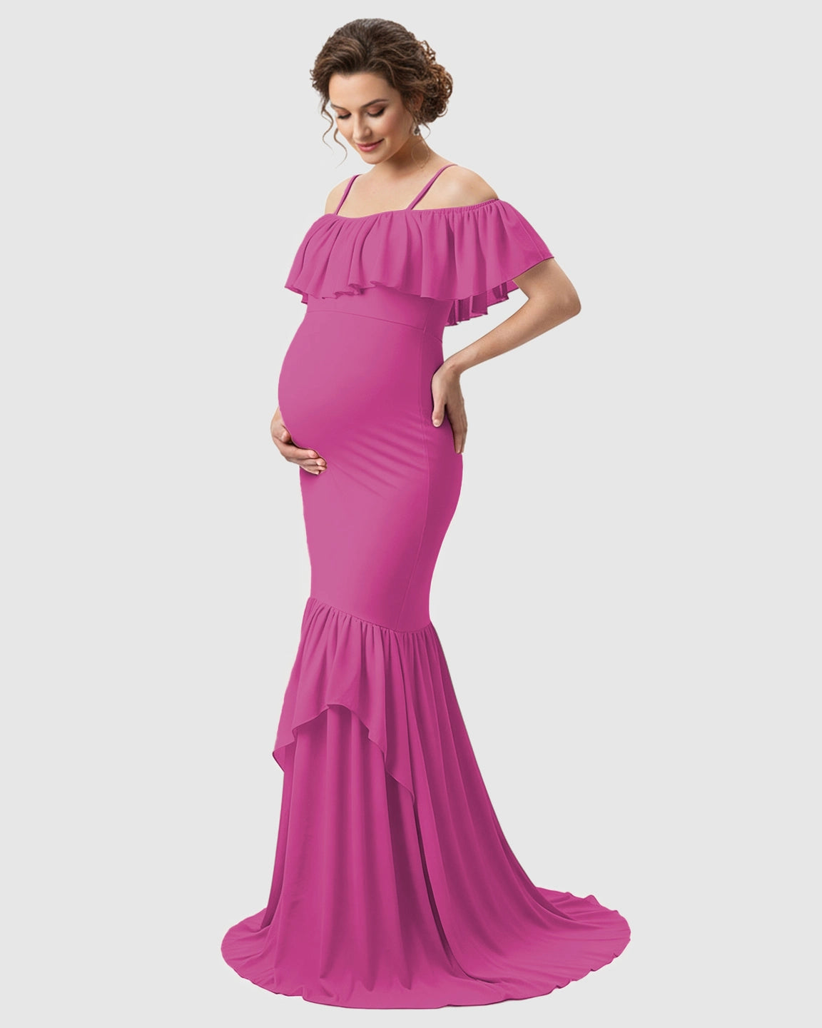 Ruffled Off-Shoulder Mermaid Train Maternity Photoshoot Dress