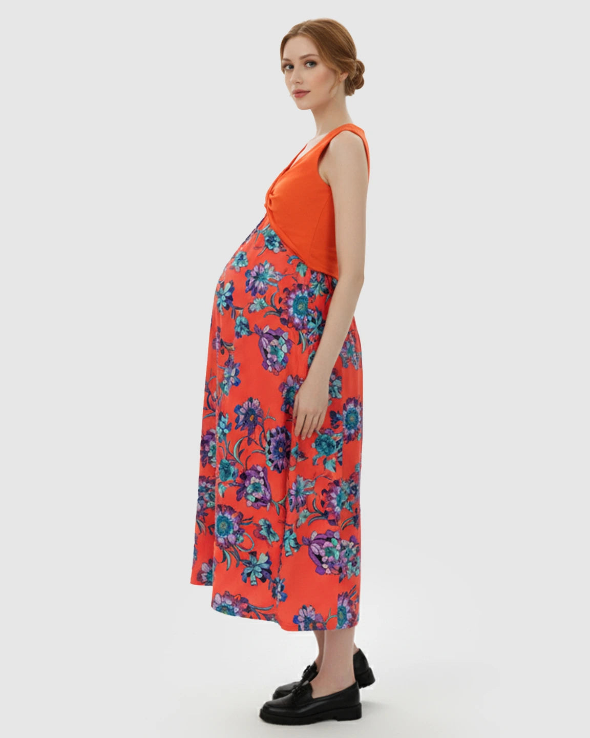 Twist-Front Floral Nursing & Maternity Midi Dress