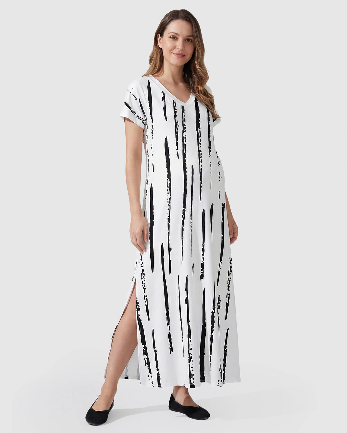 Striped V-Neck Oversized Maternity Caftan Dress