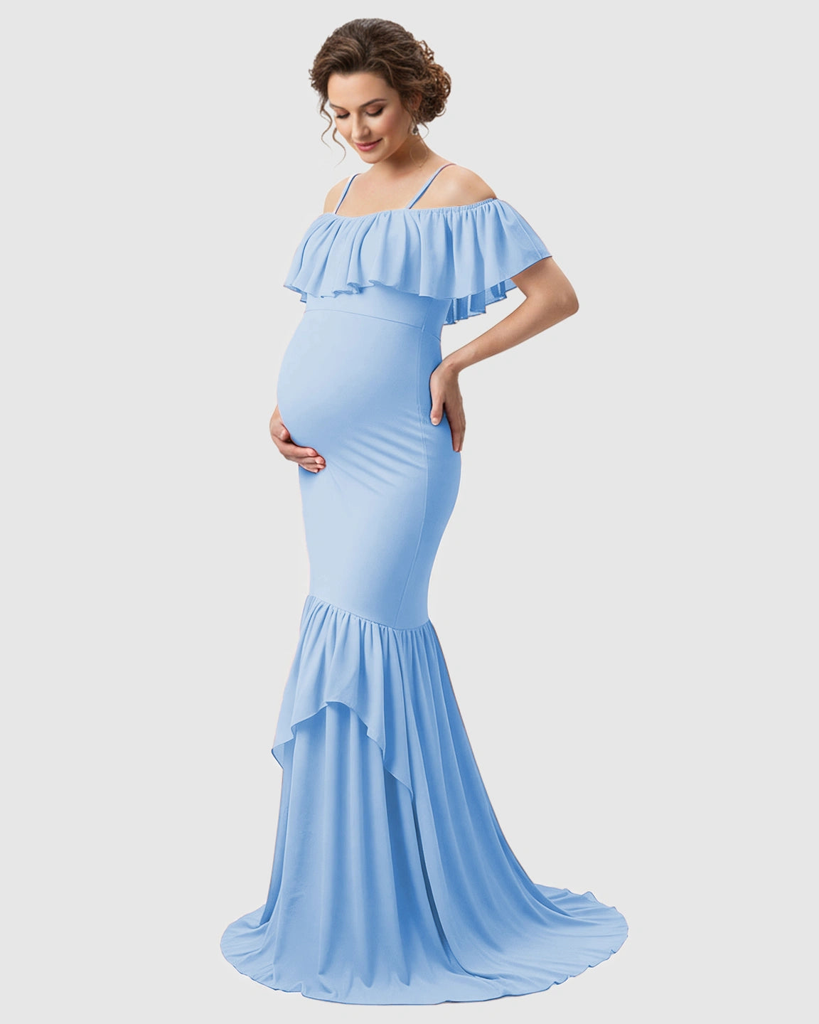 Ruffled Off-Shoulder Mermaid Train Maternity Photoshoot Dress