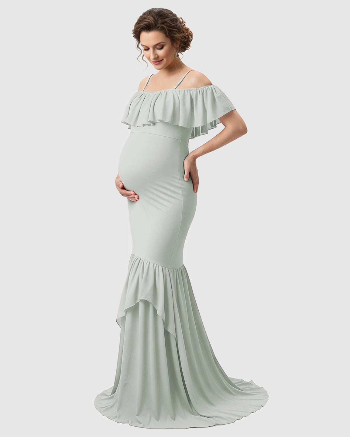 Ruffled Off-Shoulder Mermaid Train Maternity Photoshoot Dress