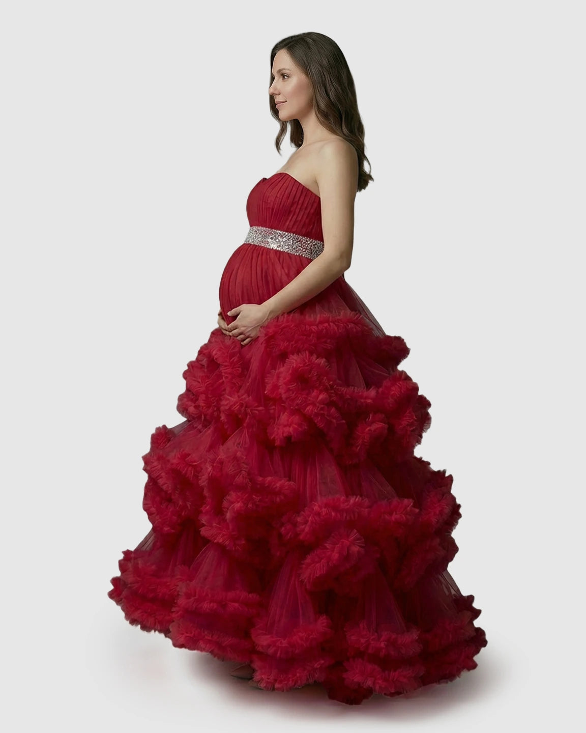 Strapless Bodice Multi-Layered Ruffled Skirt Maternity Photoshoot Dress