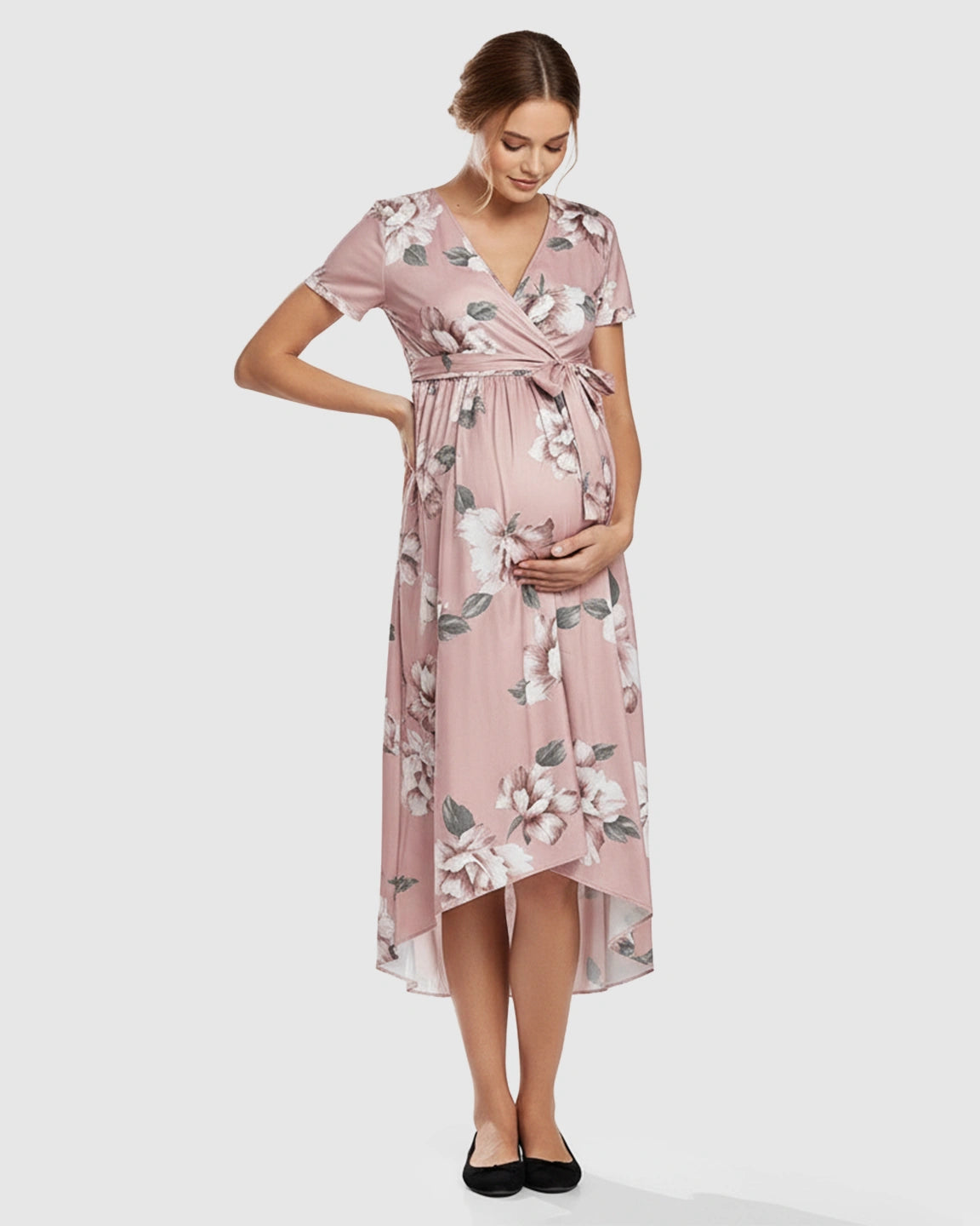 Floral V-Neck Wrap High-Low Maxi Maternity Dress