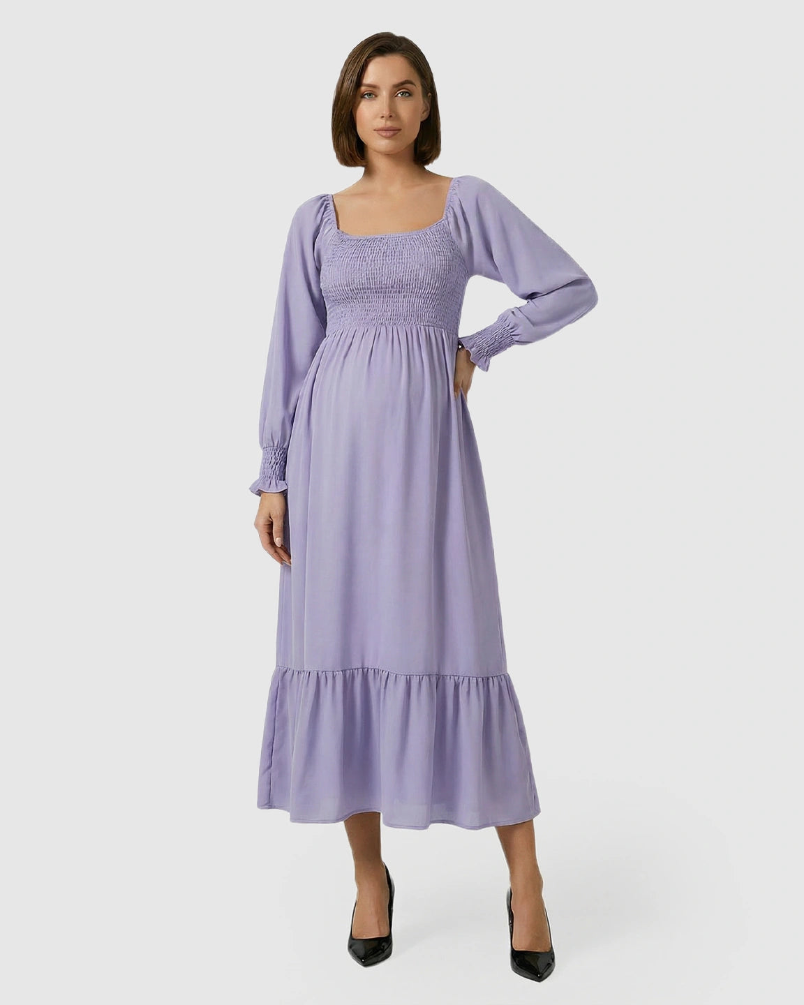 Smocked Square Neck Ruffled Hem Maternity Maxi Dress