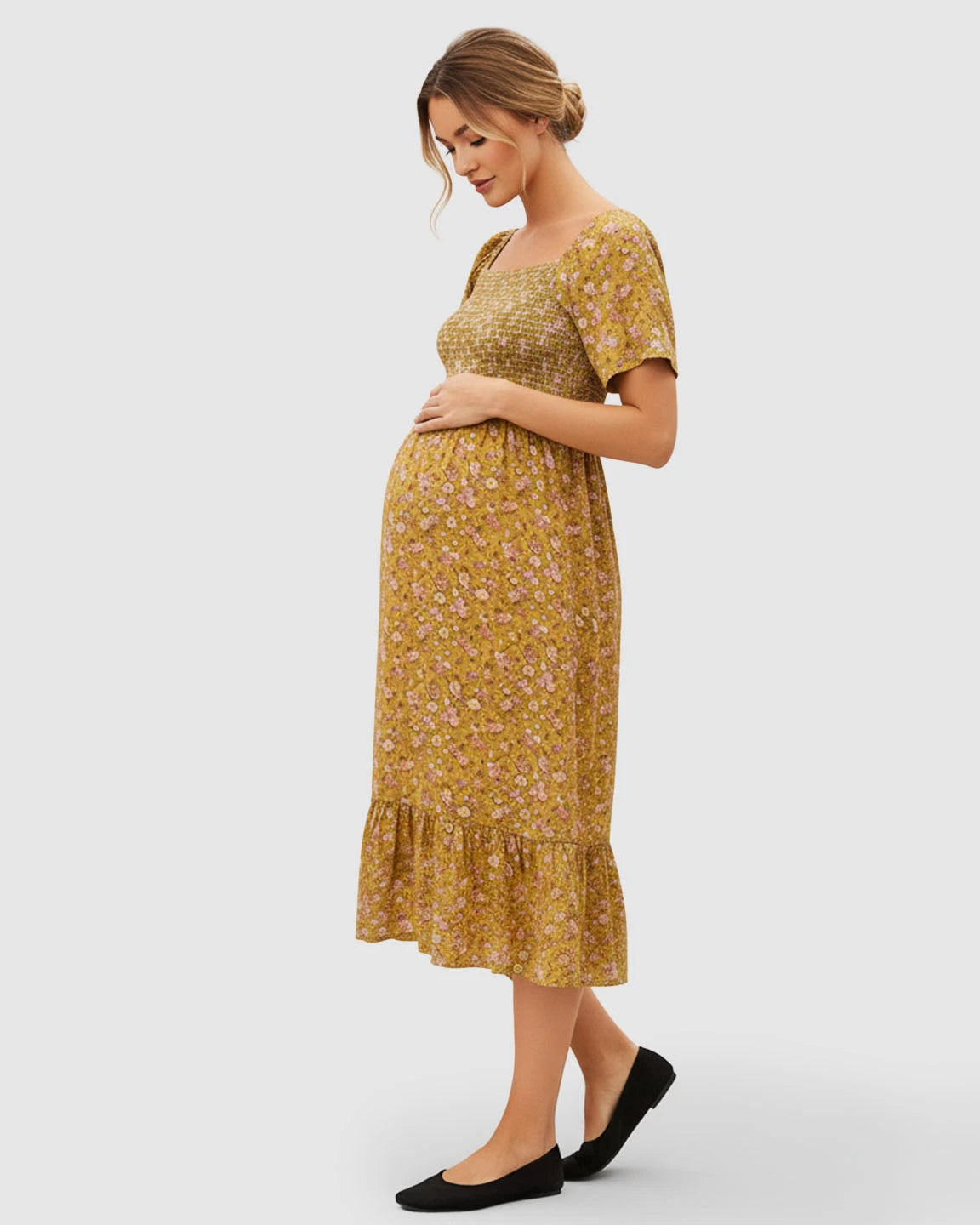 Smocked Bodice Floral Maternity Midi Dress