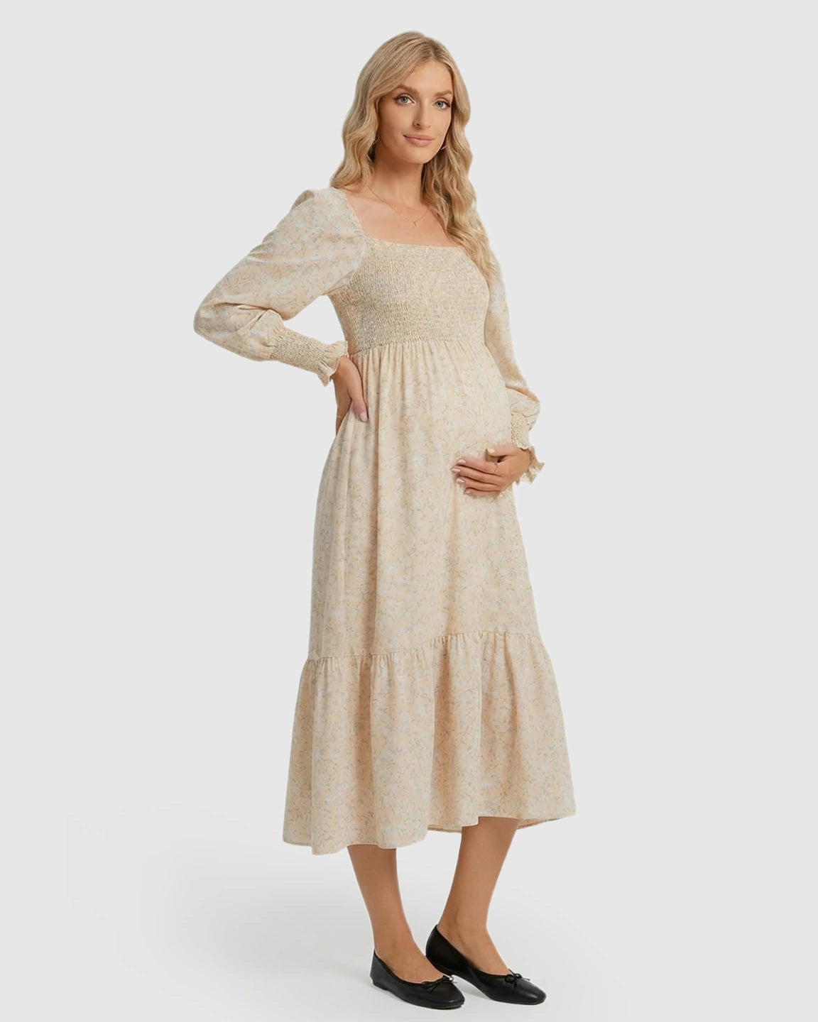 Shirred Bodice Boho Maternity Midi Dress