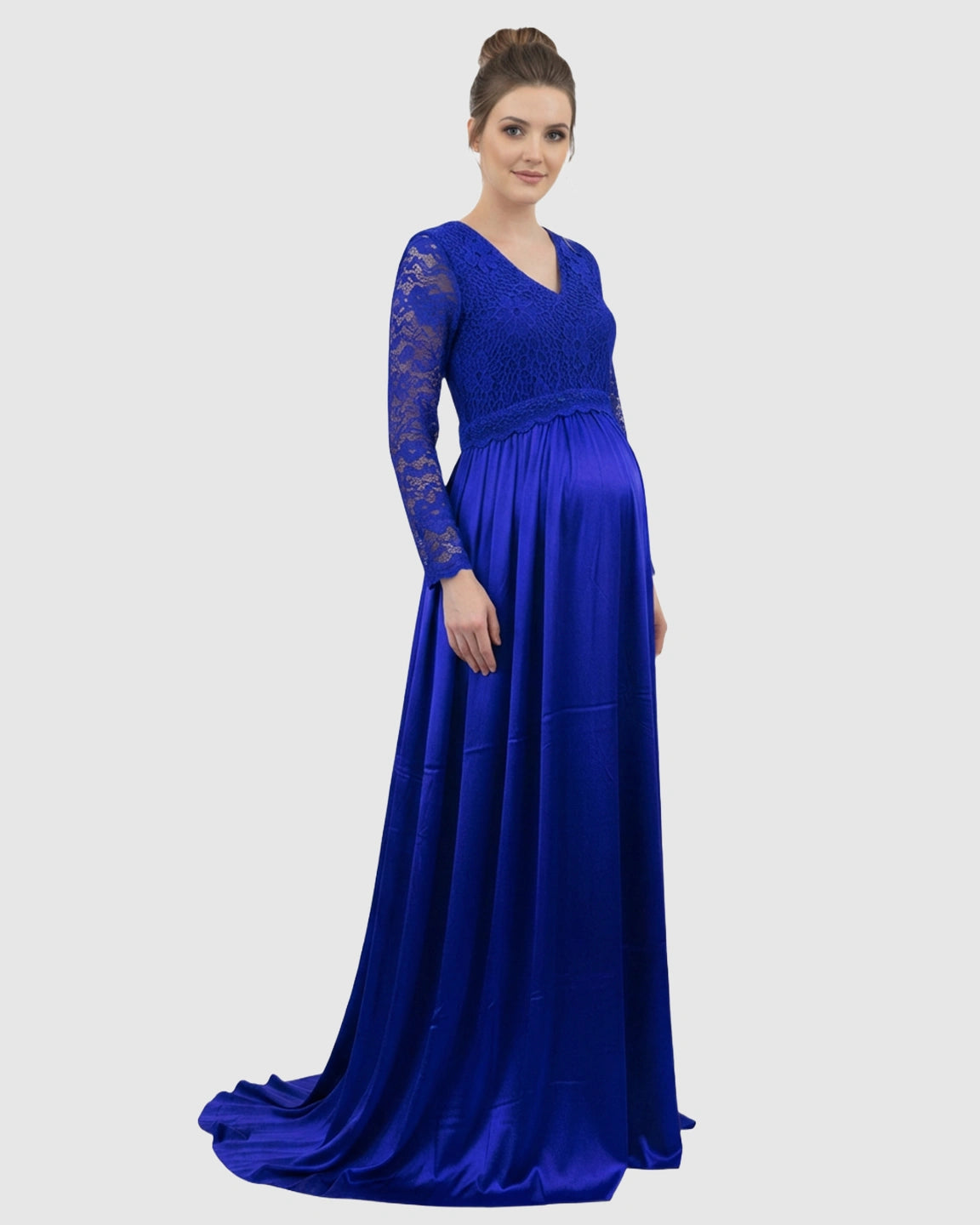 Lace Spliced Bodice Trailing Skirt Maternity Photoshoot Maxi Dress