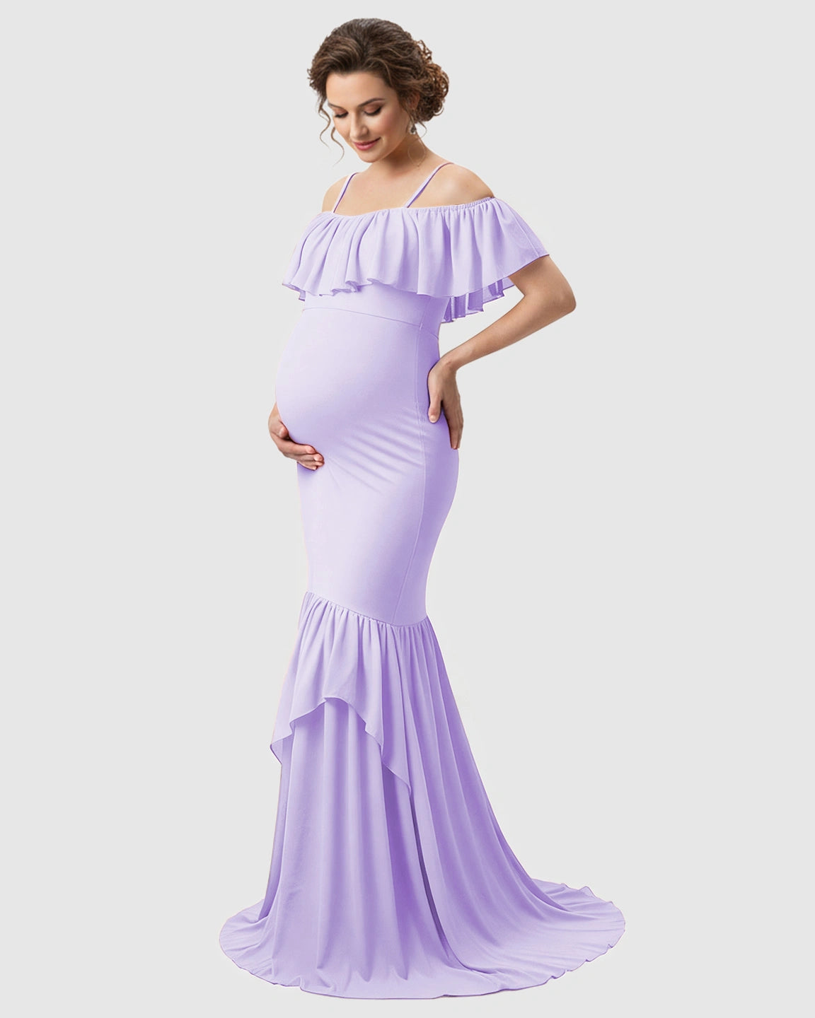 Ruffled Off-Shoulder Mermaid Train Maternity Photoshoot Dress