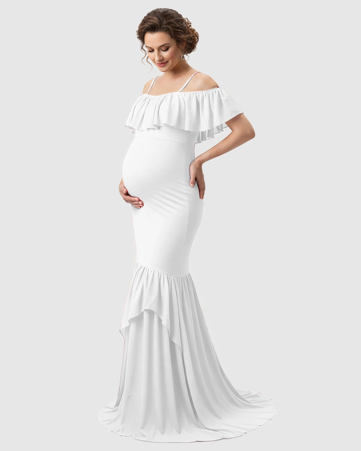 Ruffled Off-Shoulder Mermaid Train Maternity Photoshoot Dress
