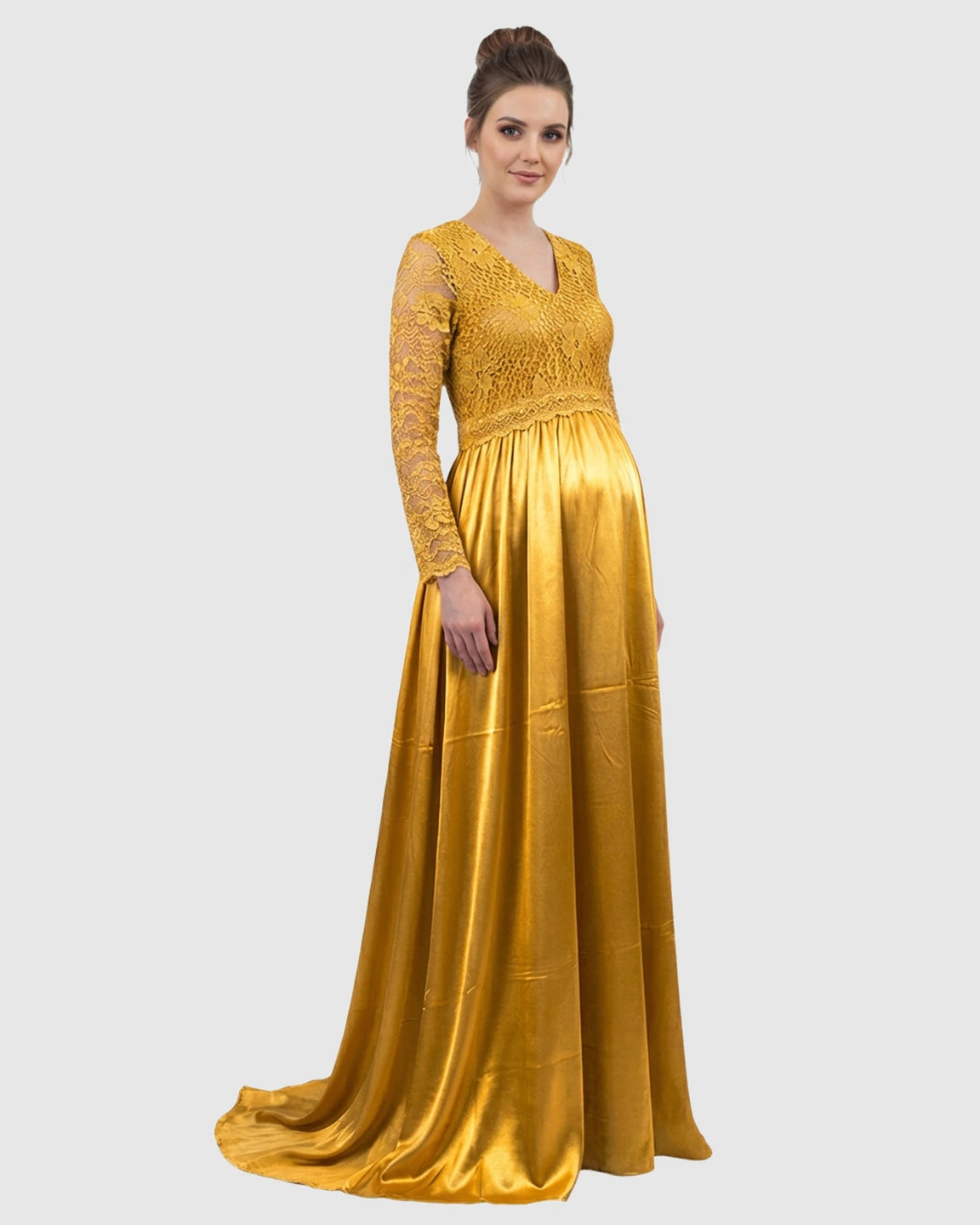 Lace Spliced Bodice Trailing Skirt Maternity Photoshoot Maxi Dress