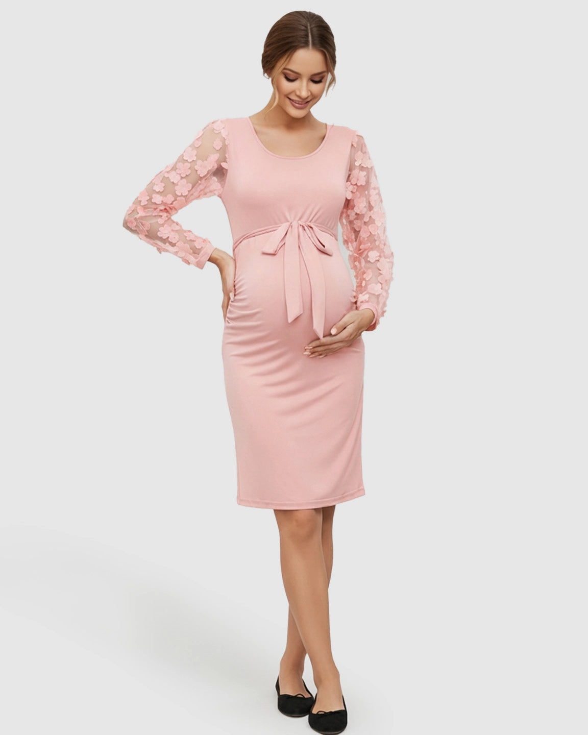 Floral Sleeves Tie Waist Maternity Dress