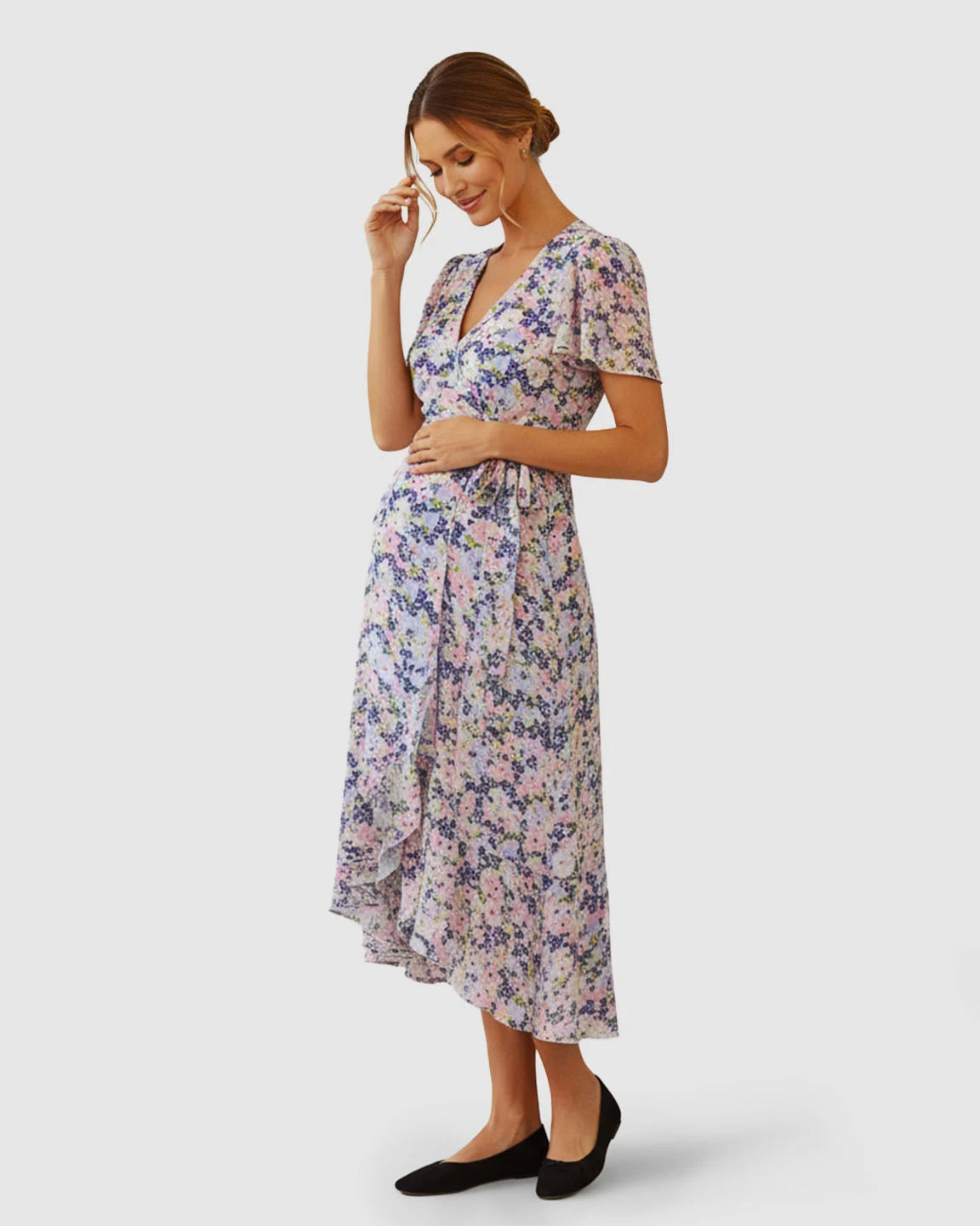 V-Neck Wrap-Style Floral Maternity Midi Dress