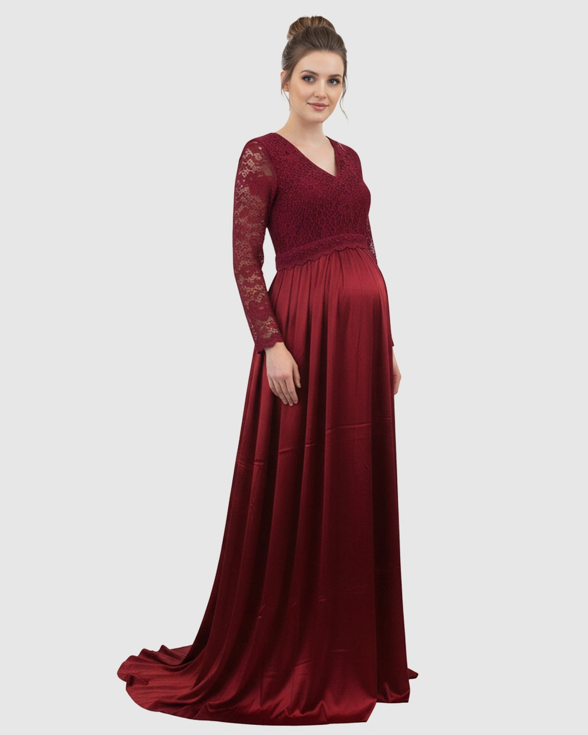 Lace Spliced Bodice Trailing Skirt Maternity Photoshoot Maxi Dress