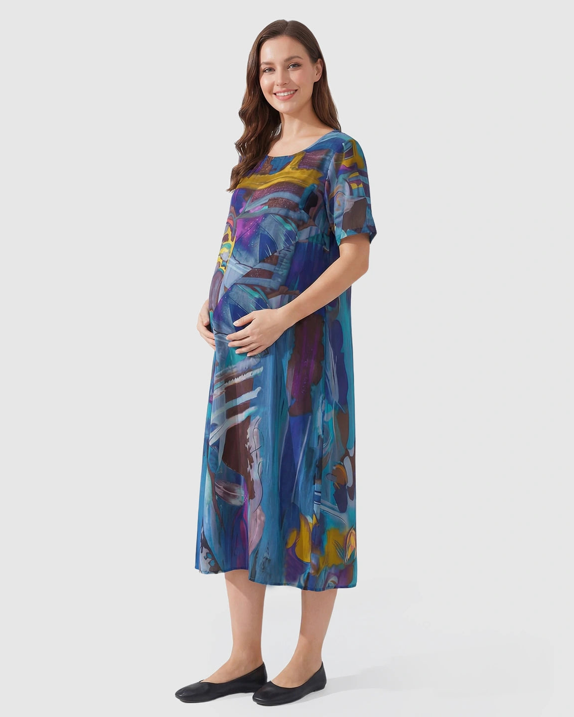 Blue Abstract A-Line Maternity Midi Dress
