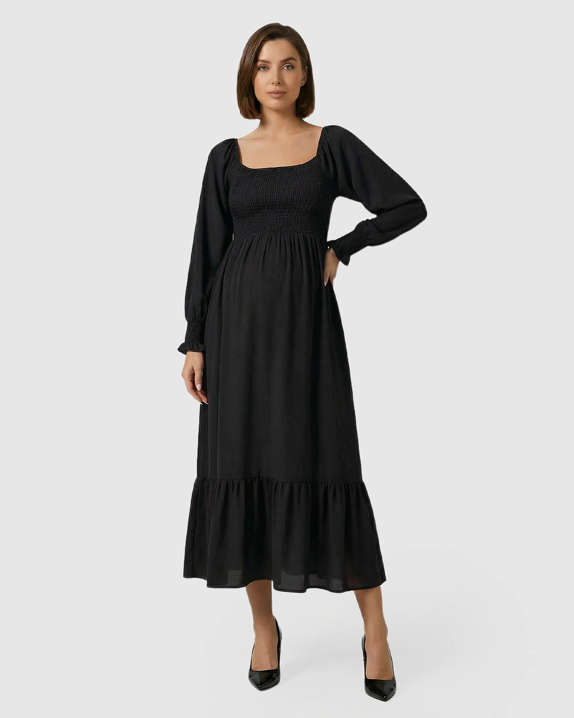 Smocked Square Neck Ruffled Hem Maternity Maxi Dress